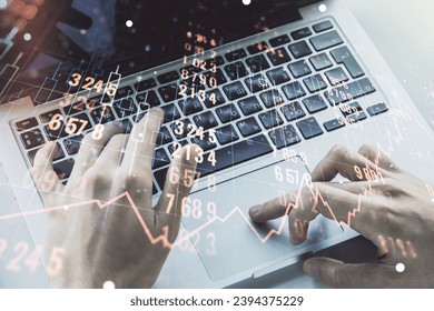 Multi exposure of stats data illustration with hands typing on computer keyboard on background, computing and analytics concept