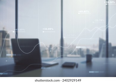 Multi exposure of stats data illustration and modern desktop with computer on background, computing and analytics concept