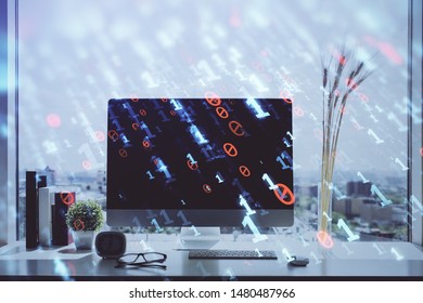 Multi exposure of table with computer on background and data theme drawing. Concept of innovation.