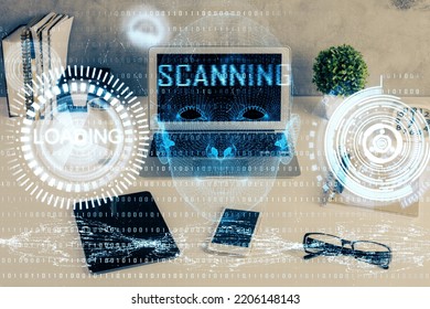 Multi exposure of table with computer on background and data theme drawing. Concept of innovation.