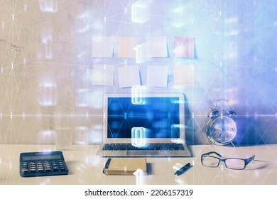 Multi exposure of table with computer on background and data theme drawing. Concept of innovation.