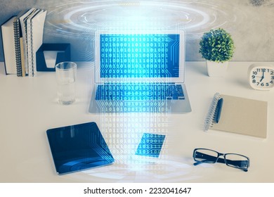 Multi exposure of table with computer on background and data theme drawing. Concept of innovation.