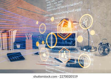 Multi exposure of table with computer on background and data theme drawing. Concept of innovation.