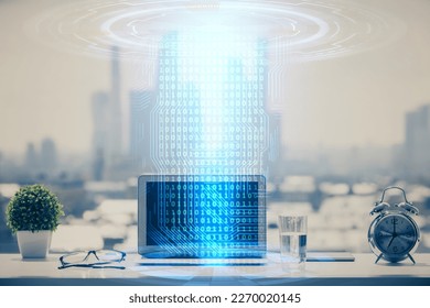 Multi exposure of table with computer on background and data theme drawing. Concept of innovation.