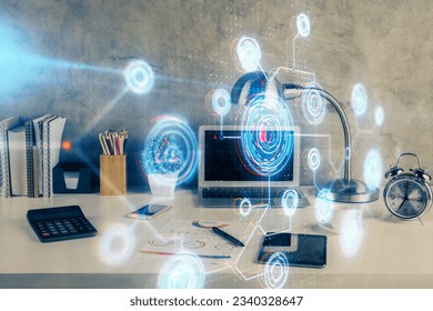 Multi exposure of table with computer on background and data theme drawing. Concept of innovation.