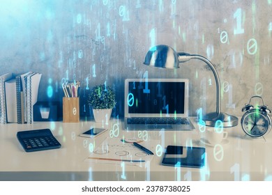 Multi exposure of table with computer on background and data theme drawing. Concept of innovation.