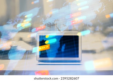 Multi exposure of table with computer on background and data theme drawing. Concept of innovation.