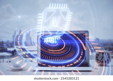Multi exposure of table with computer on background and data theme drawing. Concept of innovation.