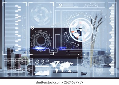 Multi exposure of table with computer on background and data theme drawing. Concept of innovation.