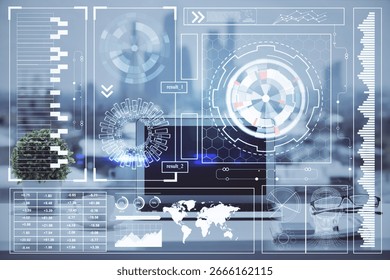 Multi exposure of table with computer on background and data theme drawing. Concept of innovation.
