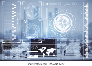 Multi exposure of table with computer on background and data theme drawing. Concept of innovation.