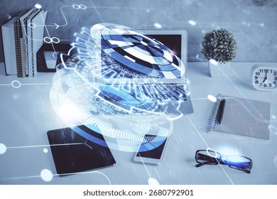 Multi exposure of table with computer on background and data theme drawing. Concept of innovation.