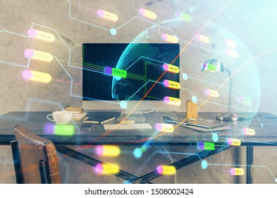 Multi exposure of table with computer and world map hologram. International data network concept.