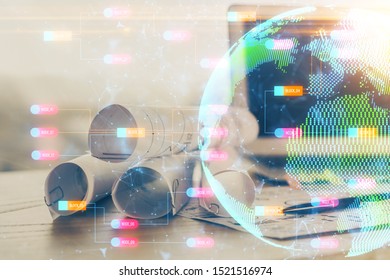 Multi exposure of table with computer and world map hologram. International data network concept.
