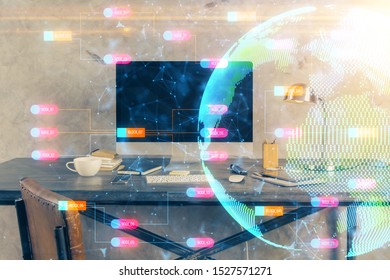 Multi exposure of table with computer and world map hologram. International data network concept.
