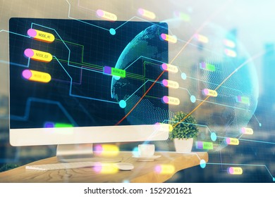 Multi exposure of table with computer and world map hologram. International data network concept.