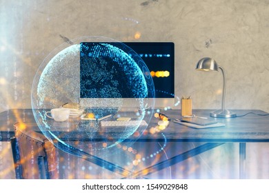 Multi exposure of table with computer and world map hologram. International data network concept. - Powered by Shutterstock - Get 15% off with code: PIKWIZARD15