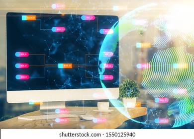 Multi exposure of table with computer and world map hologram. International data network concept.
