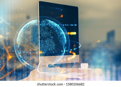 Multi exposure of table with computer and world map hologram. International data network concept.