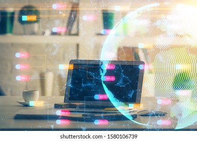 Multi exposure of table with computer and world map hologram. International data network concept.