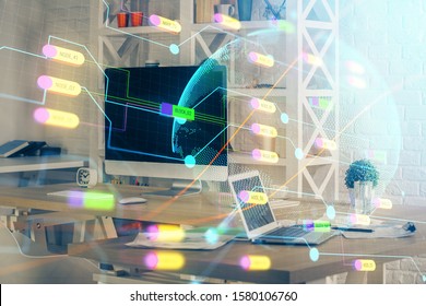 Multi exposure of table with computer and world map hologram. International data network concept.
