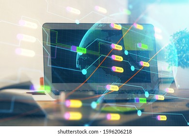 Multi exposure of table with computer and world map hologram. International data network concept. - Powered by Shutterstock - Get 15% off with code: PIKWIZARD15