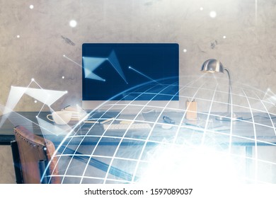 Multi exposure of table with computer and world map hologram. International data network concept.