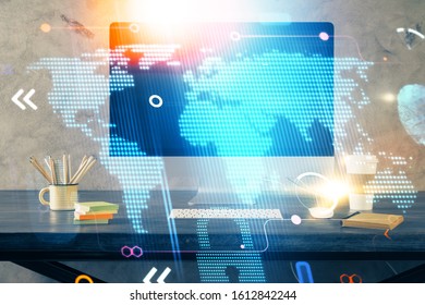 Multi exposure of table with computer and world map hologram. International data network concept.