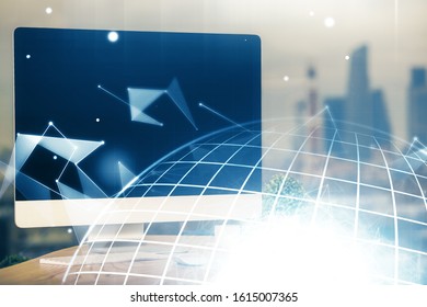 Multi exposure of table with computer and world map hologram. International data network concept.