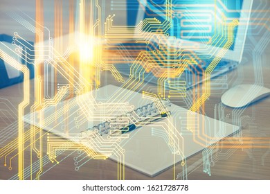 Multi exposure of table with computer and world map hologram. International data network concept.