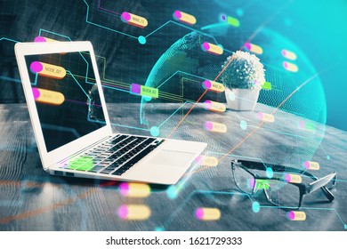 Multi exposure of table with computer and world map hologram. International data network concept.