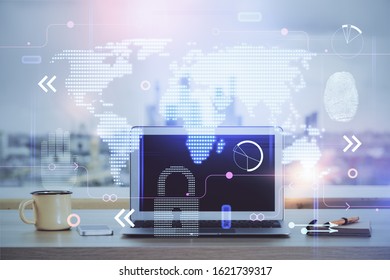 Multi exposure of table with computer and world map hologram. International data network concept.