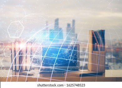 Multi exposure of table with computer and world map hologram. International data network concept.