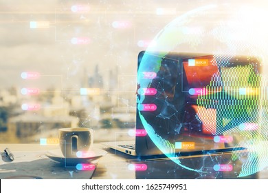 Multi exposure of table with computer and world map hologram. International data network concept.
