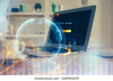 Multi exposure of table with computer and world map hologram. International data network concept.