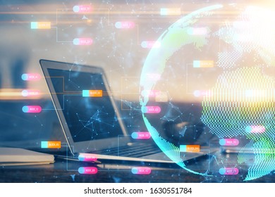 Multi exposure of table with computer and world map hologram. International data network concept.