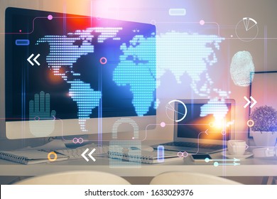 Multi exposure of table with computer and world map hologram. International data network concept.