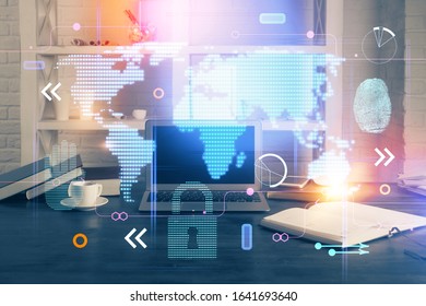 Multi exposure of table with computer and world map hologram. International data network concept.