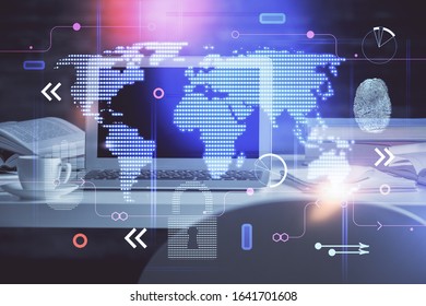 Multi exposure of table with computer and world map hologram. International data network concept.