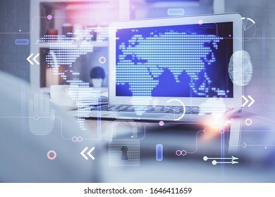 Multi exposure of table with computer and world map hologram. International data network concept.