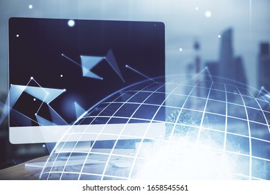 Multi exposure of table with computer and world map hologram. International data network concept.