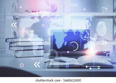 Multi exposure of table with computer and world map hologram. International data network concept.