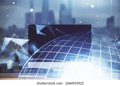 Multi exposure of table with computer and world map hologram. International data network concept.