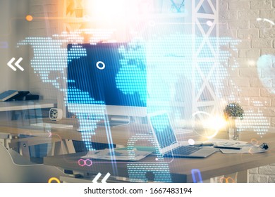 Multi exposure of table with computer and world map hologram. International data network concept.
