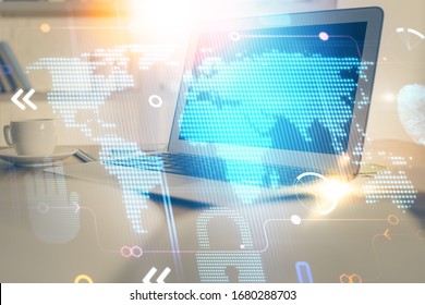 Multi exposure of table with computer and world map hologram. International data network concept.