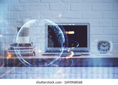 Multi exposure of table with computer and world map hologram. International data network concept.