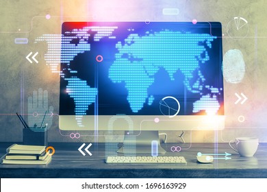 Multi exposure of table with computer and world map hologram. International data network concept.