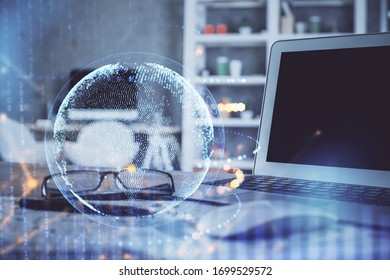 Multi exposure of table with computer and world map hologram. International data network concept.