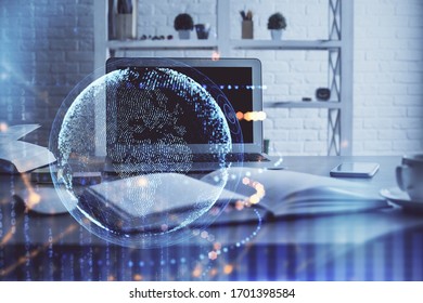 Multi exposure of table with computer and world map hologram. International data network concept.
