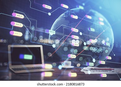 Multi exposure of table with computer and world map hologram. International data network concept.